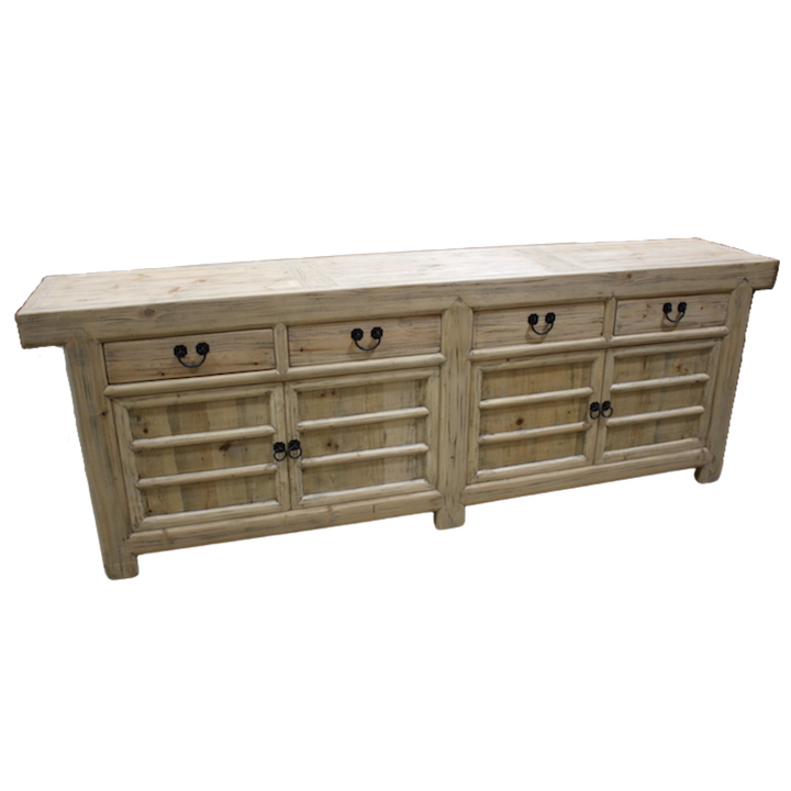 2.4M 4-DOOR 4-DRAWER PANELLED SCRUBBED SIDEBOARD