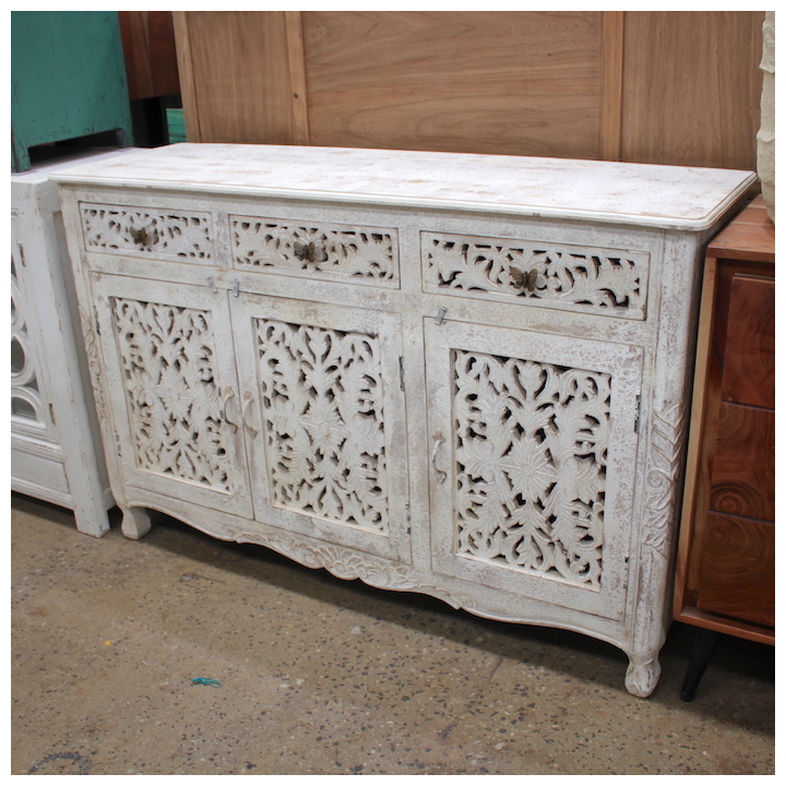 1.37M 3-DOOR 3-DRAWER ANTIQUE WHITE BUTTERFLY SIDEBOARD