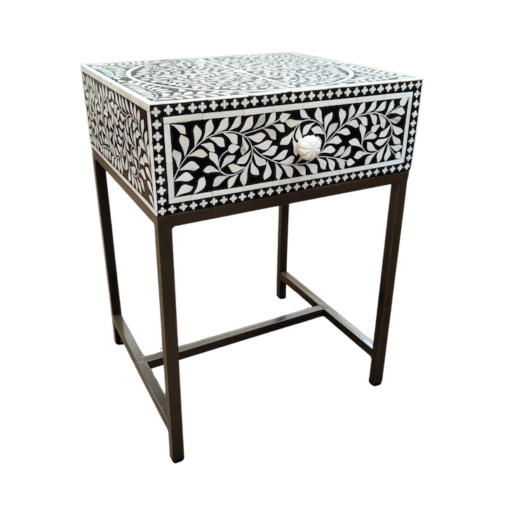1-DRAWER BLACK LEAF BONE INLAY BEDSIDE