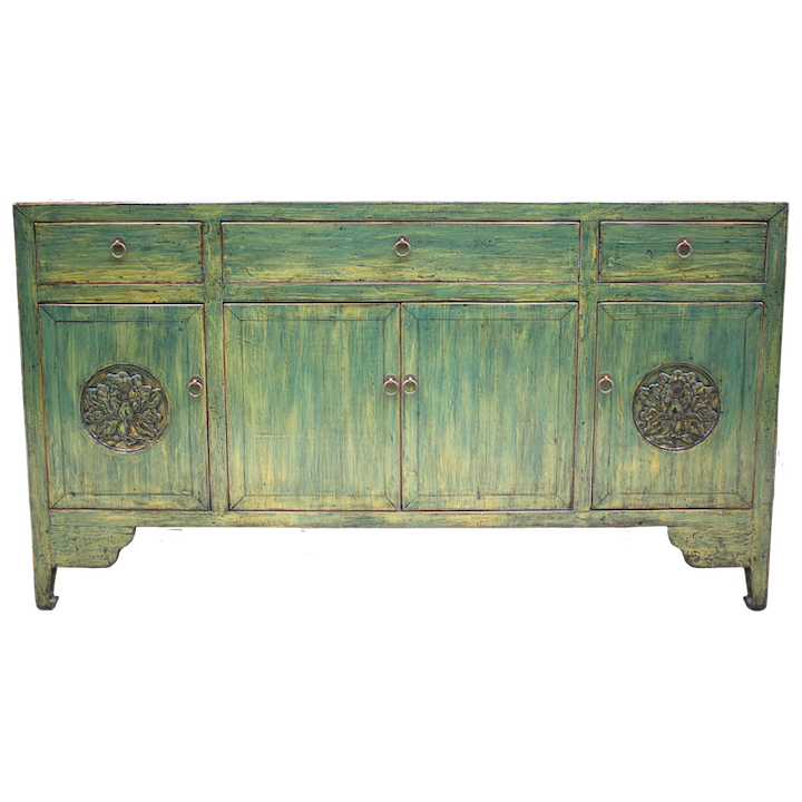 1.7M 4-DOOR 3-DRAWER CARVED GREEN LACQUERED SIDEBOARD