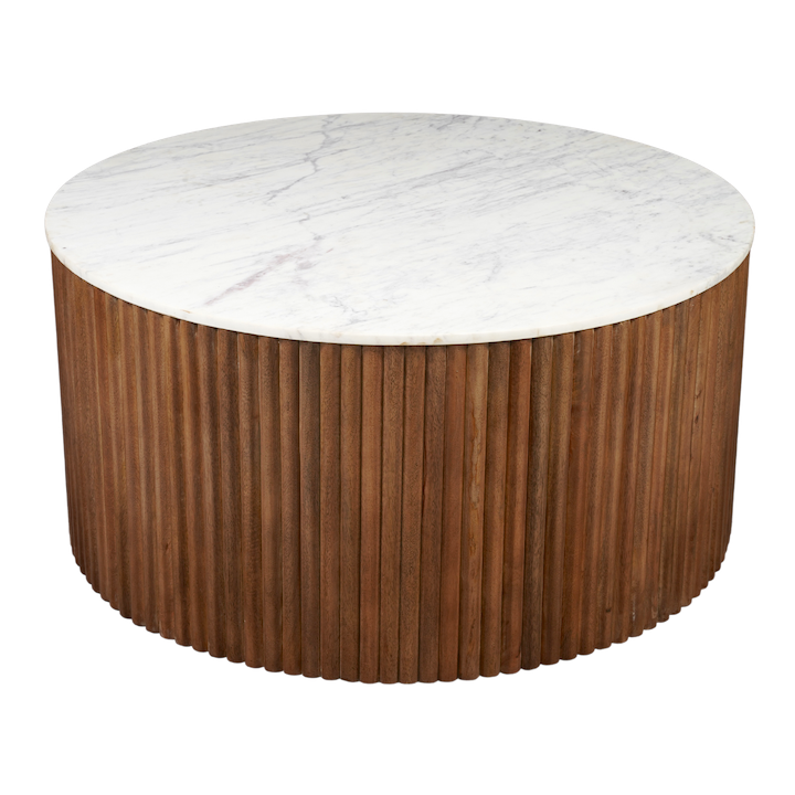 ROUND MARBLE SMOKED WALNUT FLUTED COFFEE TABLE