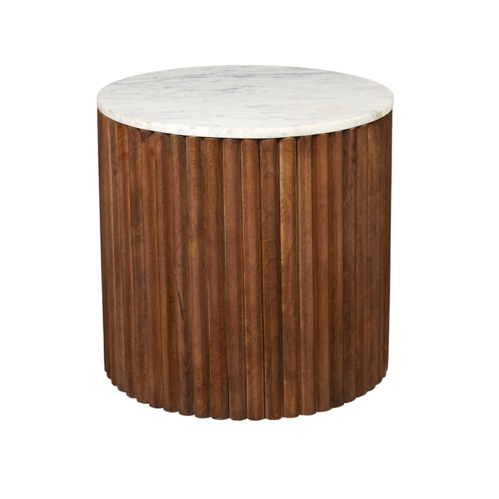 ROUND MARBLE SMOKED WALNUT FLUTED SIDE TABLE