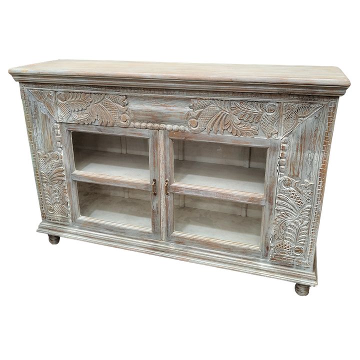 1.55M GLASS DOOR GREY CARVED SIDEBOARD
