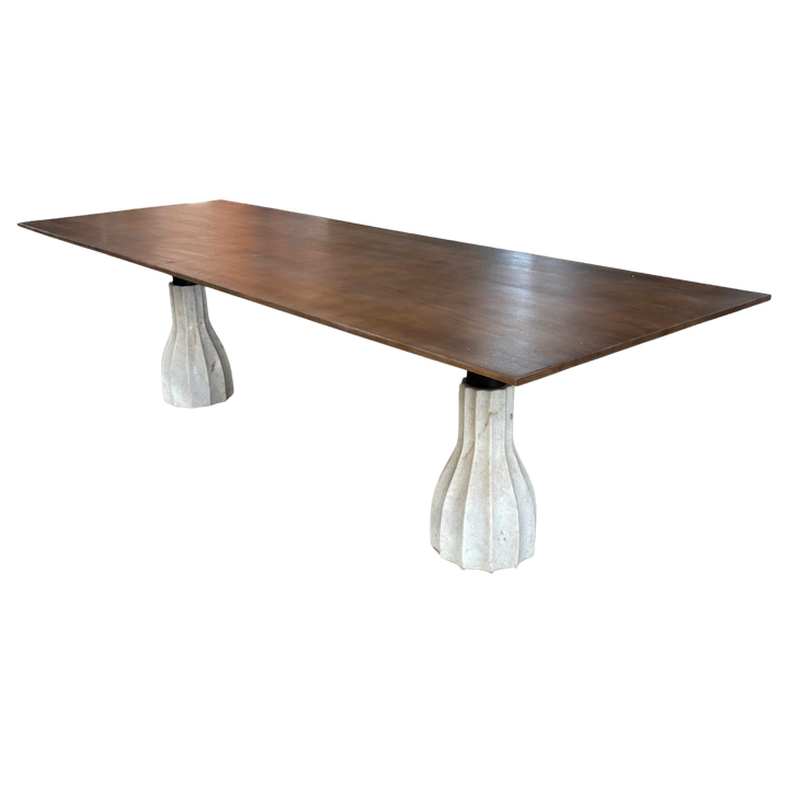 2.8M SMOKED WALNUT MARBLE PEDESTAL DINING TABLE