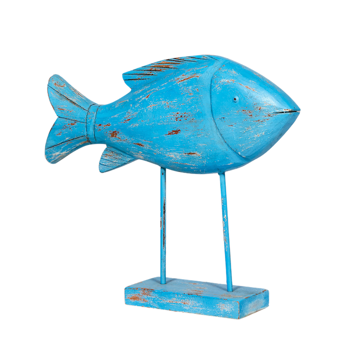 BLUE WOODEN FISH ON STAND