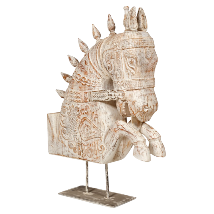 WHITE CARVED HORSE ON STAND