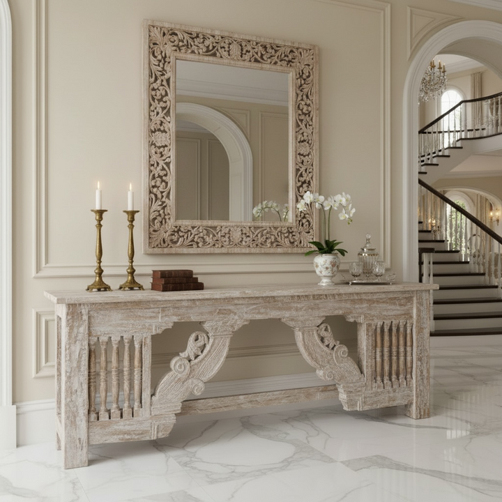 2.48M WHITEWASH CARVED CONSOLE