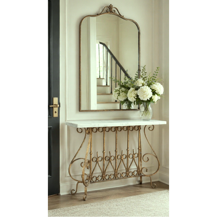 1.53M WHITE MARBLE WROUGHT IRON CONSOLE